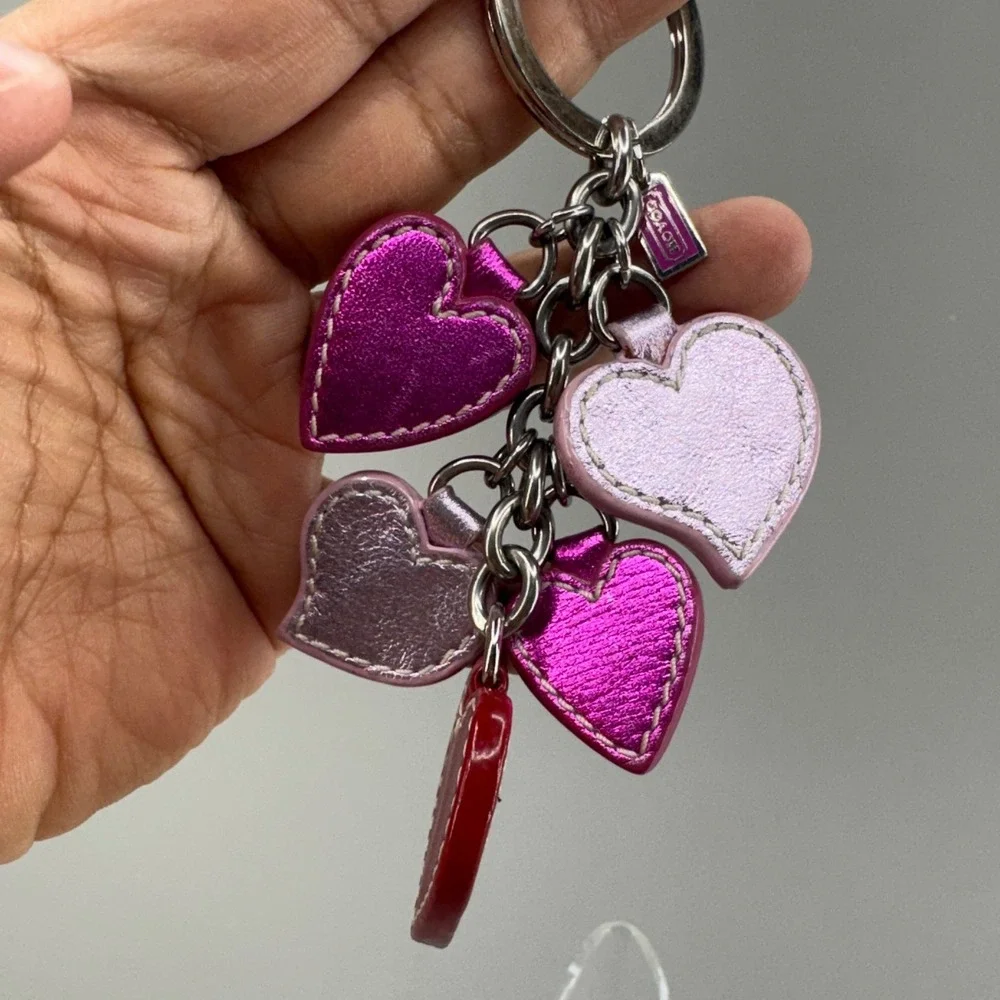 Coach Heart Multi Charm Keychain OS Pink Metallic Leather Key FOB Bag Charm